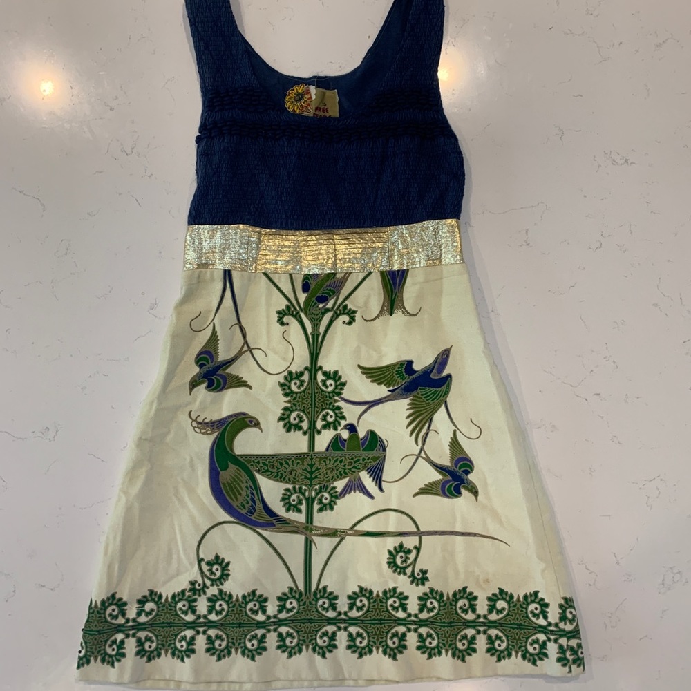 Vintage Free People Cream and Gold Peacock Dress